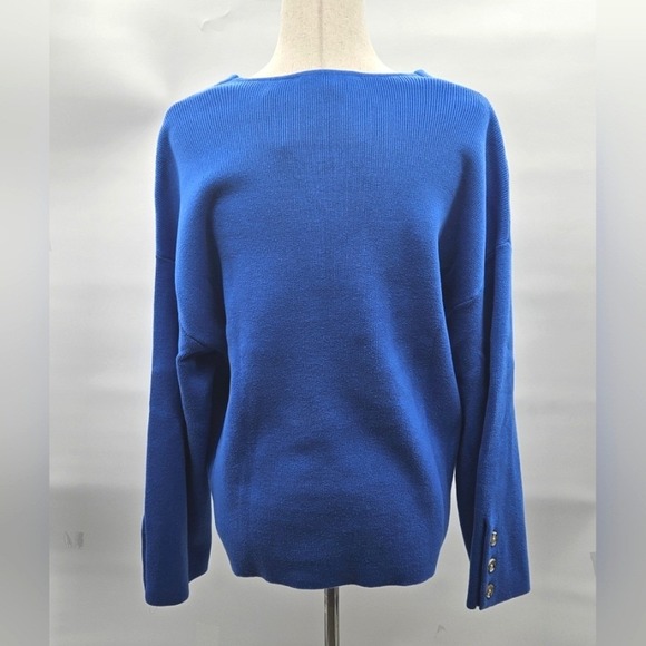 Loft Bright Isle Blue Button Cuff V-Neck Knit‎ Sweater Classic Pullovere - Picture 3 of 10